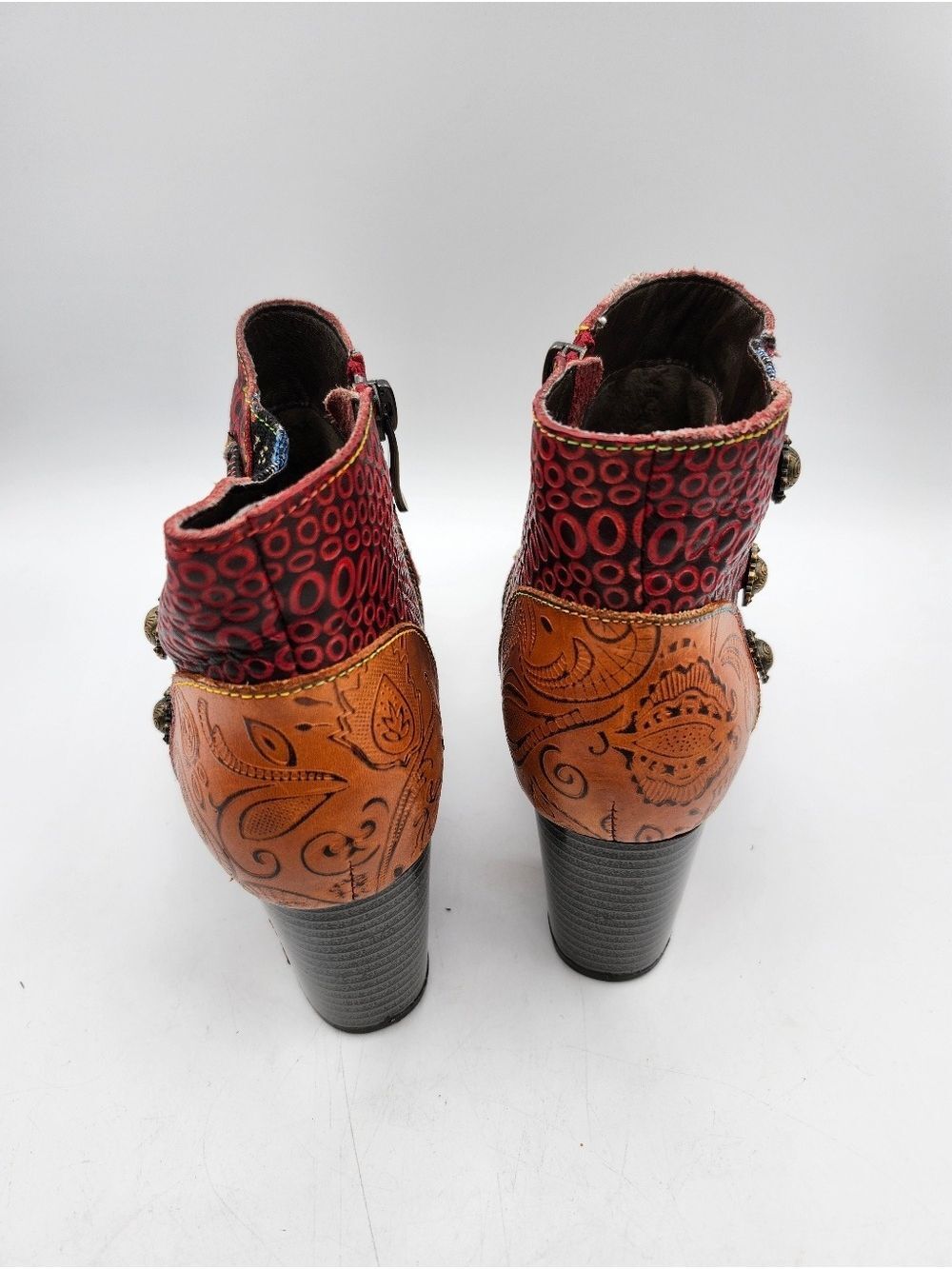 Socofy Leather Multicolor Patchwork Embossed Ankle Booties Colorful 3" Heel - Picture 6 of 9